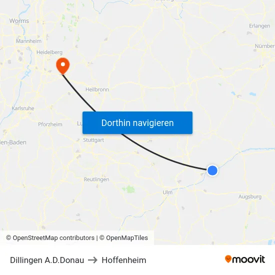 Dillingen A.D.Donau to Hoffenheim map