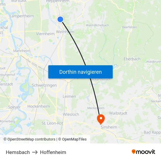 Hemsbach to Hoffenheim map