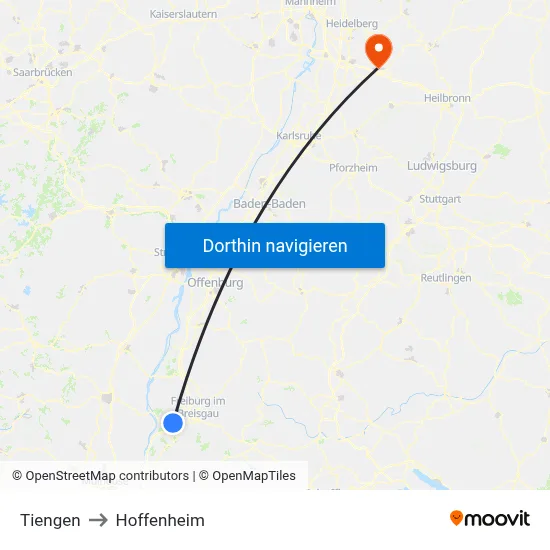 Tiengen to Hoffenheim map