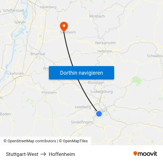 Stuttgart-West to Hoffenheim map
