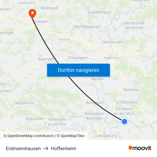 Erdmannhausen to Hoffenheim map