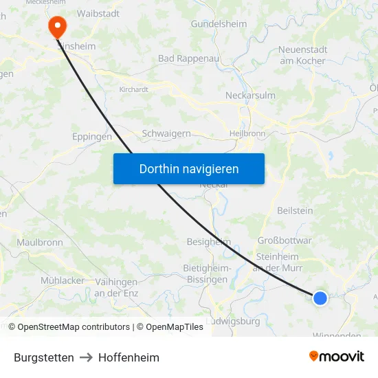 Burgstetten to Hoffenheim map