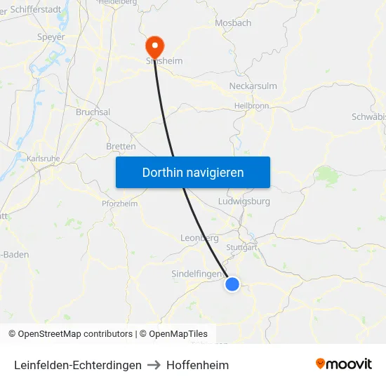 Leinfelden-Echterdingen to Hoffenheim map