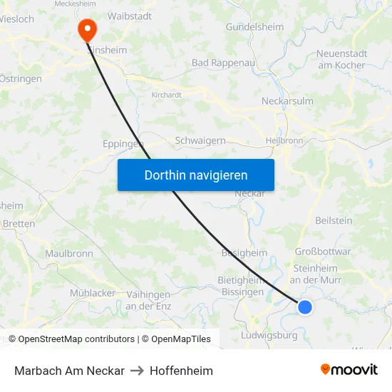 Marbach Am Neckar to Hoffenheim map