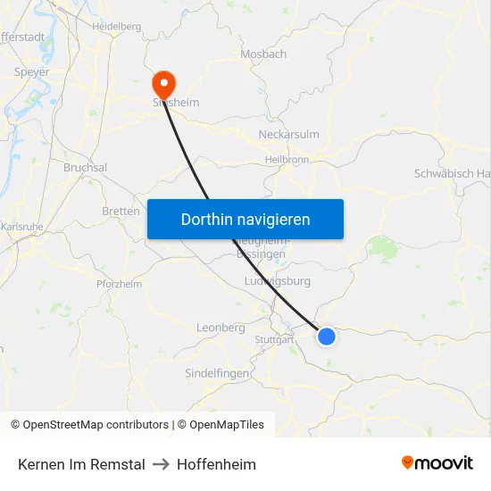 Kernen Im Remstal to Hoffenheim map
