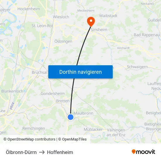 Ölbronn-Dürrn to Hoffenheim map