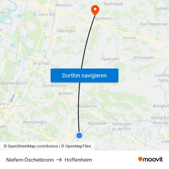 Niefern-Öschelbronn to Hoffenheim map