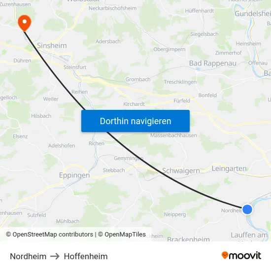 Nordheim to Hoffenheim map