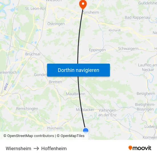 Wiernsheim to Hoffenheim map
