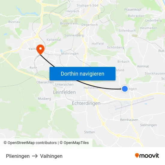 Plieningen to Vaihingen map