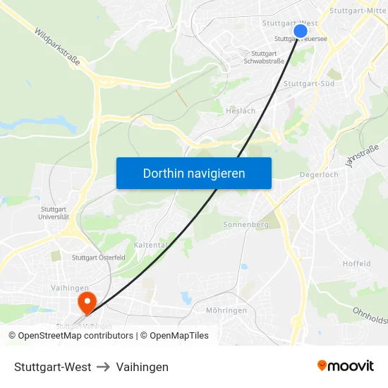 Stuttgart-West to Vaihingen map