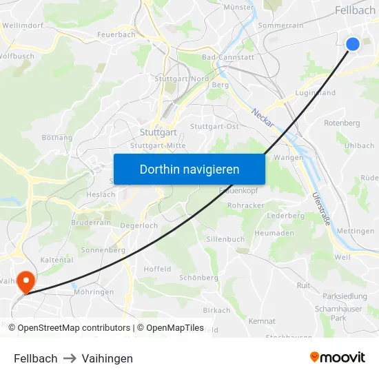 Fellbach to Vaihingen map