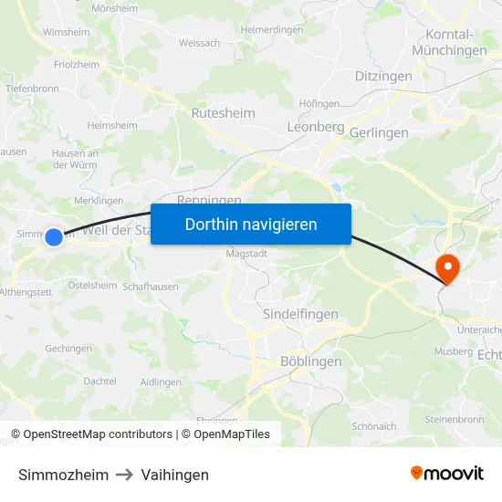 Simmozheim to Vaihingen map