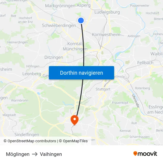 Möglingen to Vaihingen map