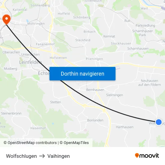 Wolfschlugen to Vaihingen map