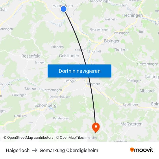 Haigerloch to Gemarkung Oberdigisheim map