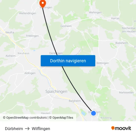 Dürbheim to Wilflingen map