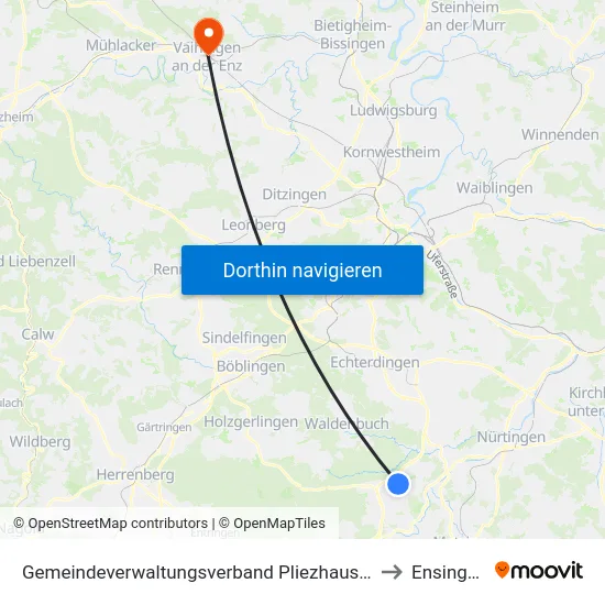 Gemeindeverwaltungsverband Pliezhausen to Ensingen map