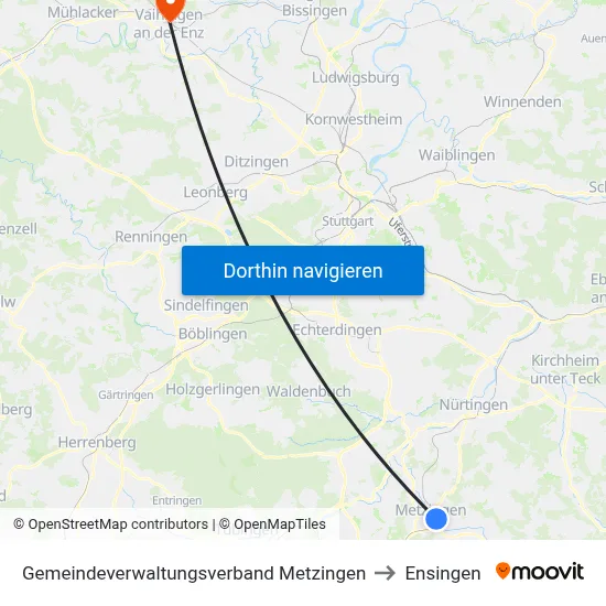 Gemeindeverwaltungsverband Metzingen to Ensingen map