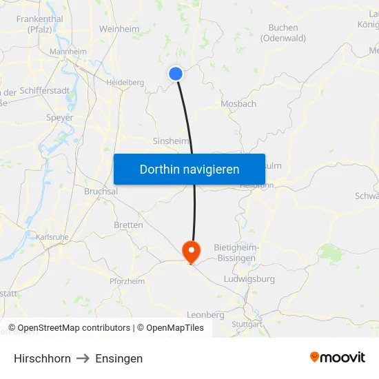 Hirschhorn to Ensingen map