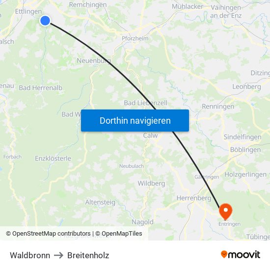 Waldbronn to Breitenholz map