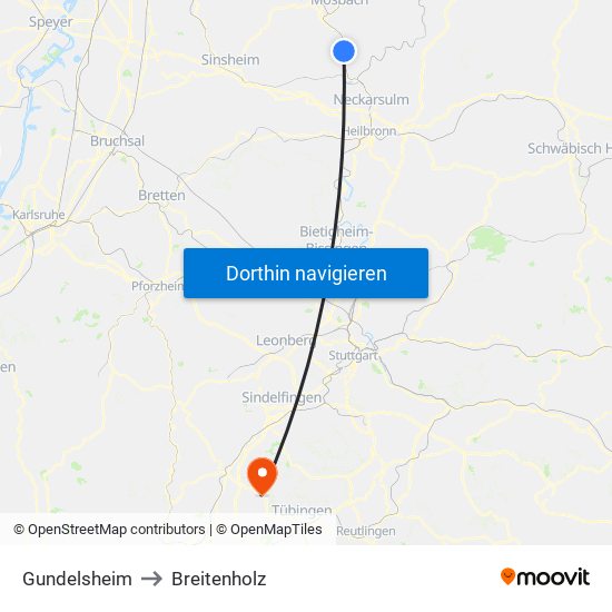 Gundelsheim to Breitenholz map