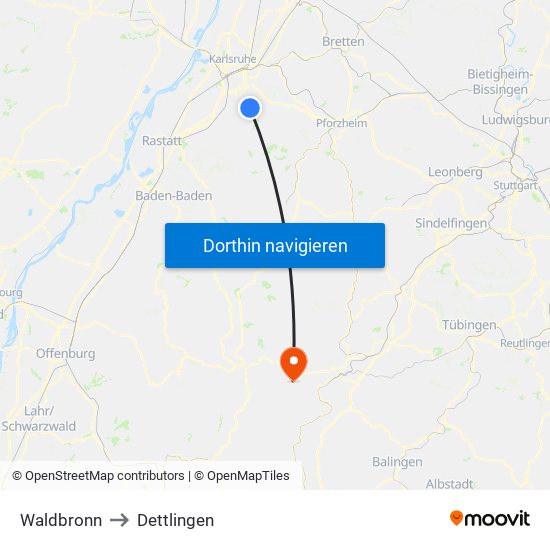 Waldbronn to Dettlingen map
