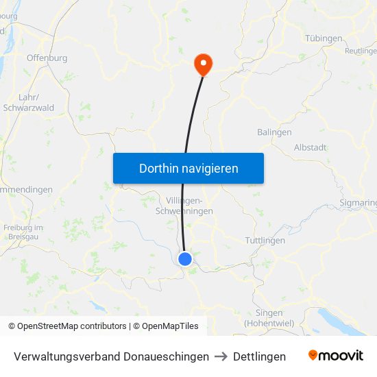 Verwaltungsverband Donaueschingen to Dettlingen map