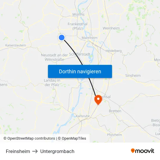 Freinsheim to Untergrombach map