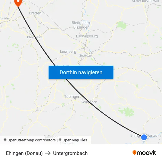 Ehingen (Donau) to Untergrombach map