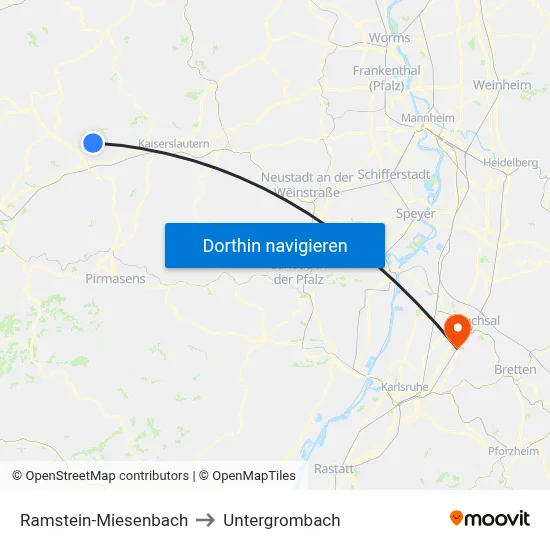 Ramstein-Miesenbach to Untergrombach map