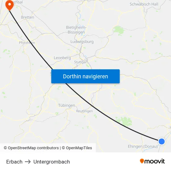 Erbach to Untergrombach map