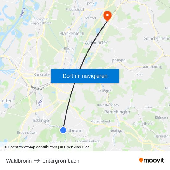Waldbronn to Untergrombach map