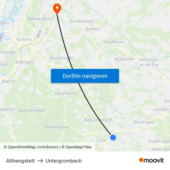 Althengstett to Untergrombach map