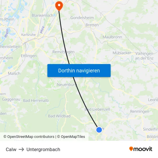 Calw to Untergrombach map