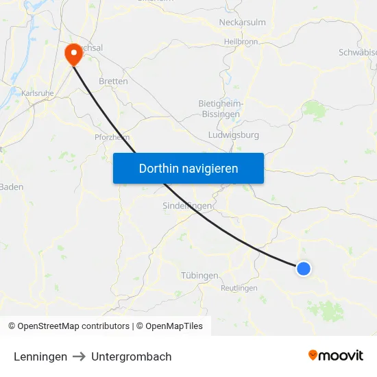 Lenningen to Untergrombach map