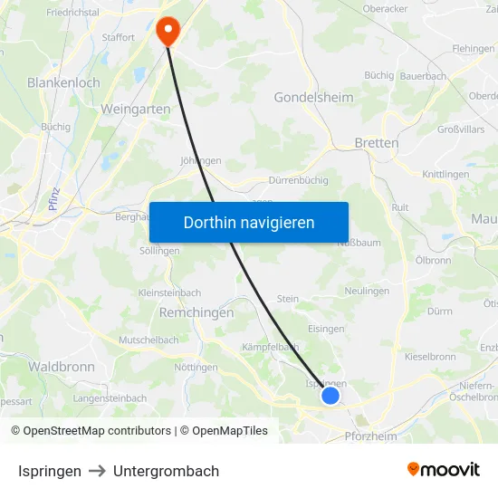 Ispringen to Untergrombach map