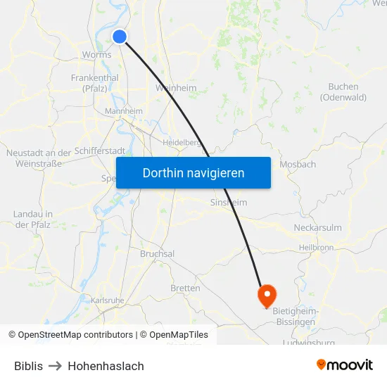 Biblis to Hohenhaslach map