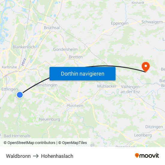 Waldbronn to Hohenhaslach map