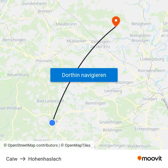 Calw to Hohenhaslach map