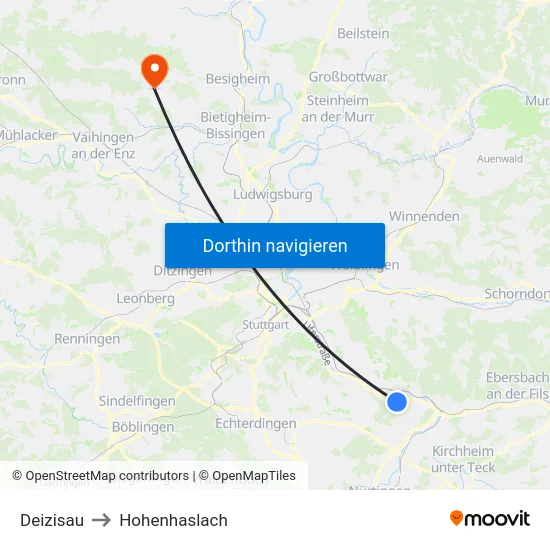 Deizisau to Hohenhaslach map