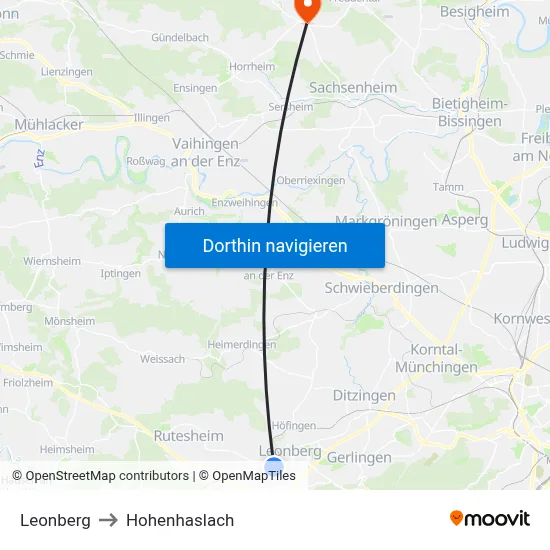 Leonberg to Hohenhaslach map
