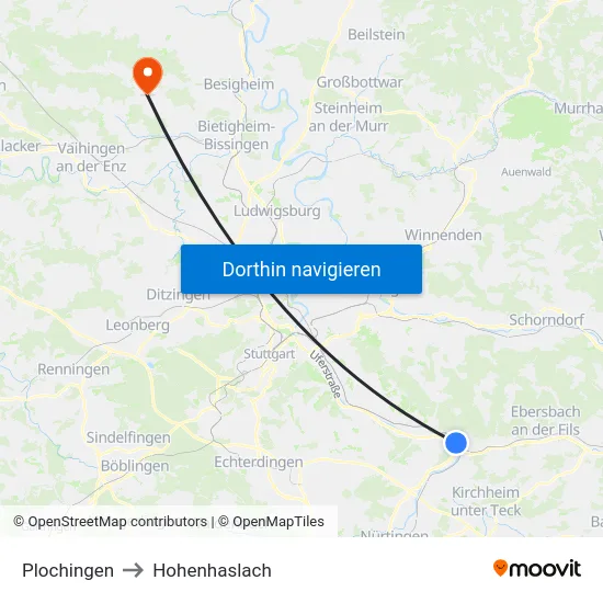 Plochingen to Hohenhaslach map