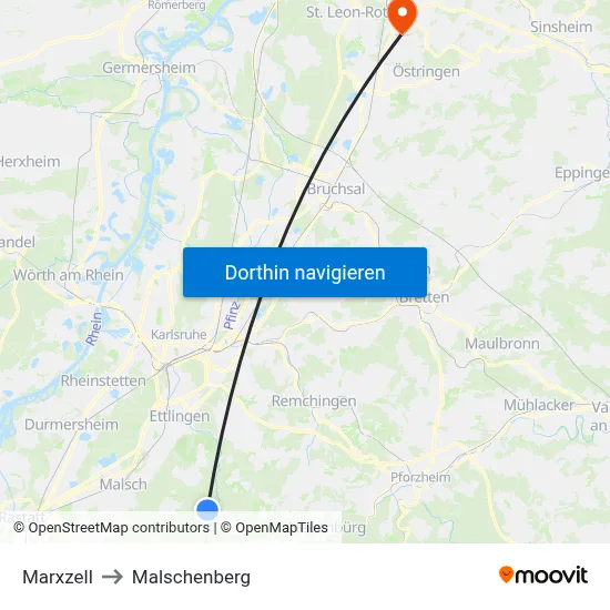 Marxzell to Malschenberg map