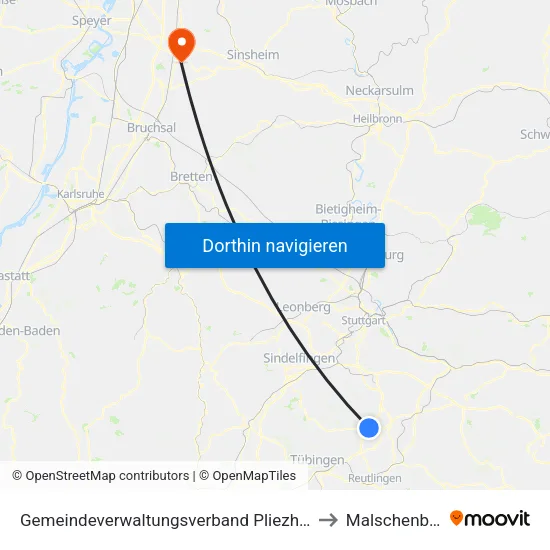 Gemeindeverwaltungsverband Pliezhausen to Malschenberg map