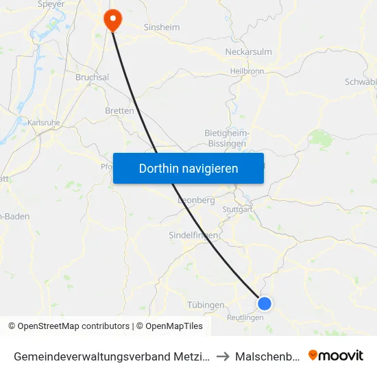 Gemeindeverwaltungsverband Metzingen to Malschenberg map