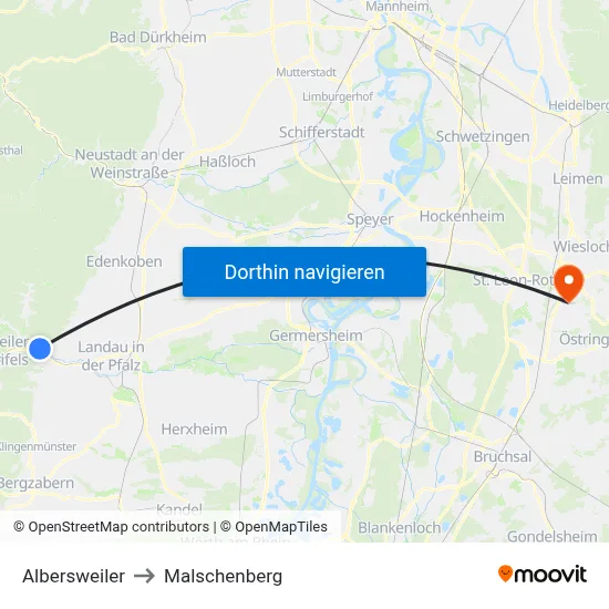 Albersweiler to Malschenberg map