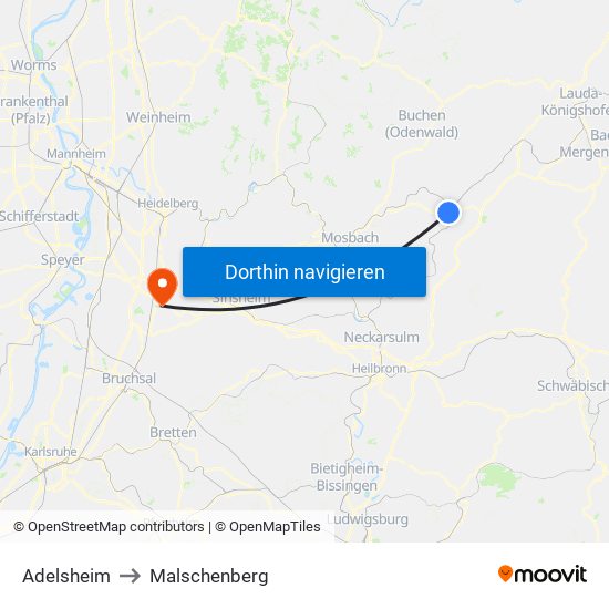 Adelsheim to Malschenberg map