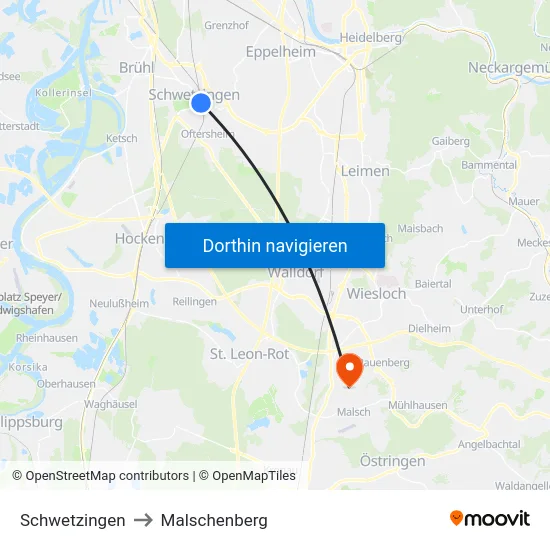 Schwetzingen to Malschenberg map