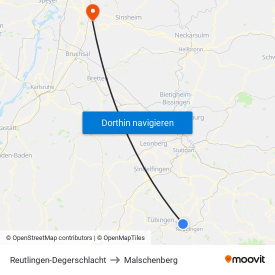 Reutlingen-Degerschlacht to Malschenberg map